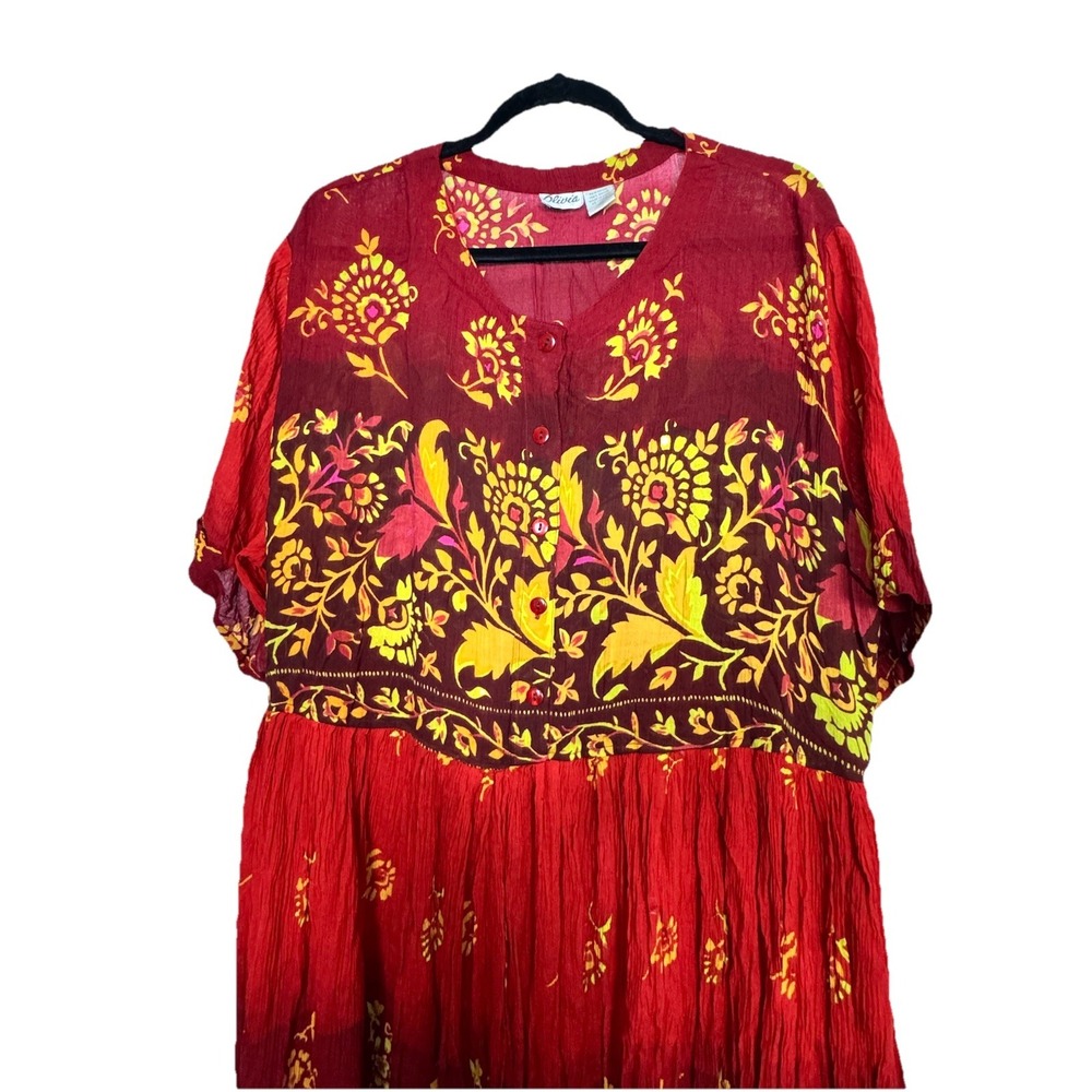 Olivia Boho Maxi Dress 1X Red Yellow Floral Print Rayon India Festival Peasant - Picture 4 of 11